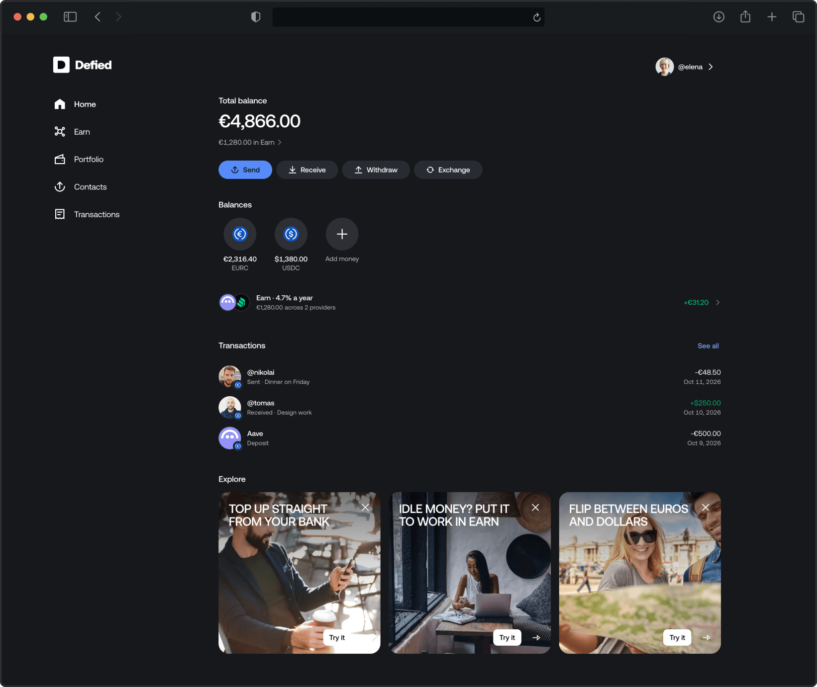The Defied web app home screen in a browser window: the total balance with the amount in Earn, the Send, Receive, Withdraw and Exchange actions, the EURC and USDC balances, and the Earn row showing the yearly rate across providers
