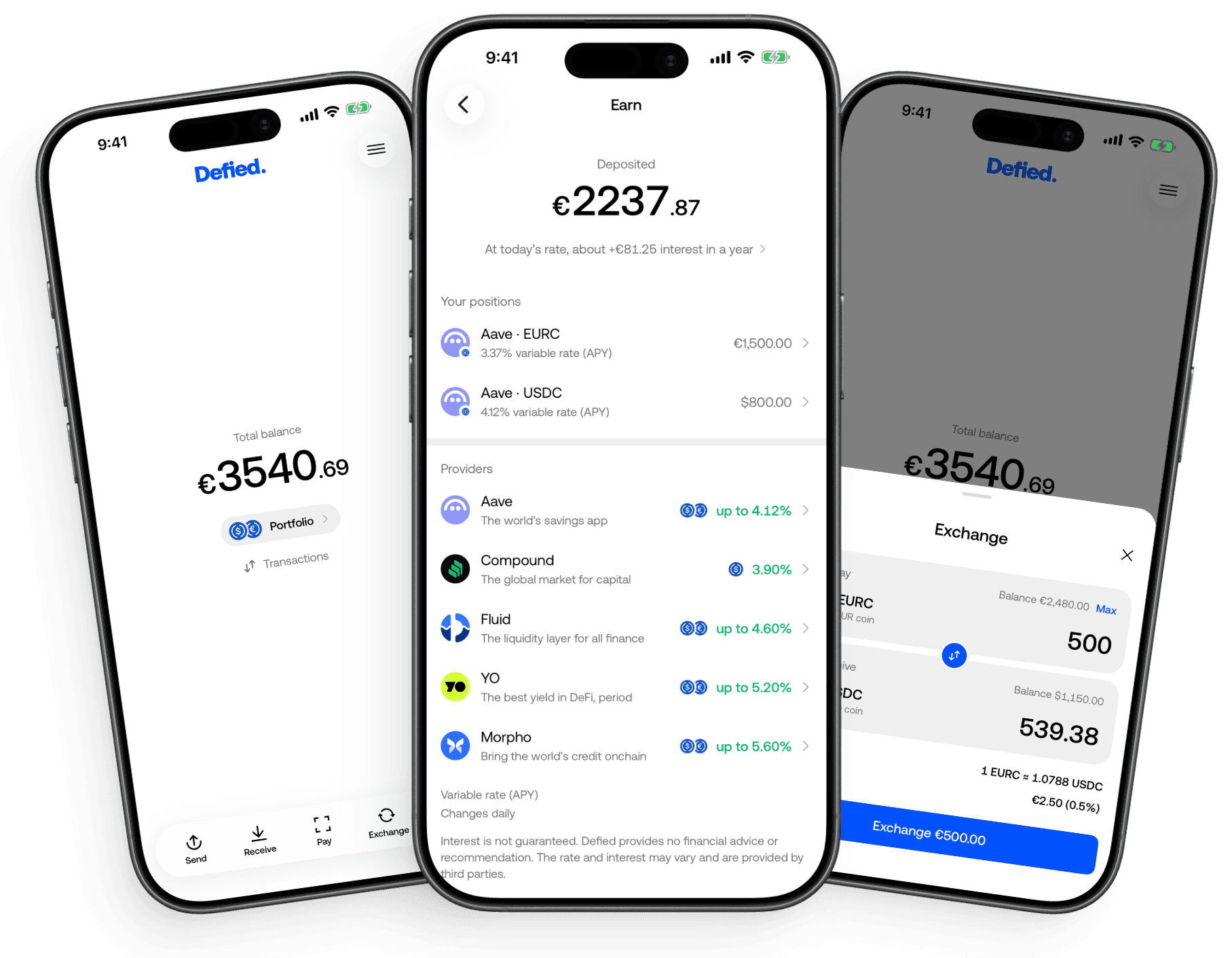 Three screens of the Defied app: the home screen with the total balance and the Send, Receive, Pay and Exchange actions, the Earn screen with deposits in Aave, Compound, Fluid, YO and Morpho, and the Exchange sheet swapping EURC for USDC